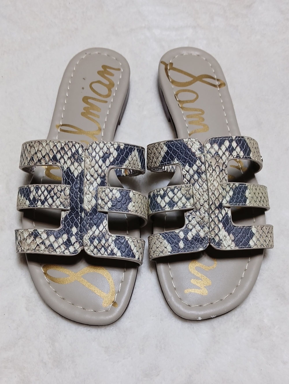 Sam Edelman Beige and Gray Snake-Print Slide Sandals Size 6